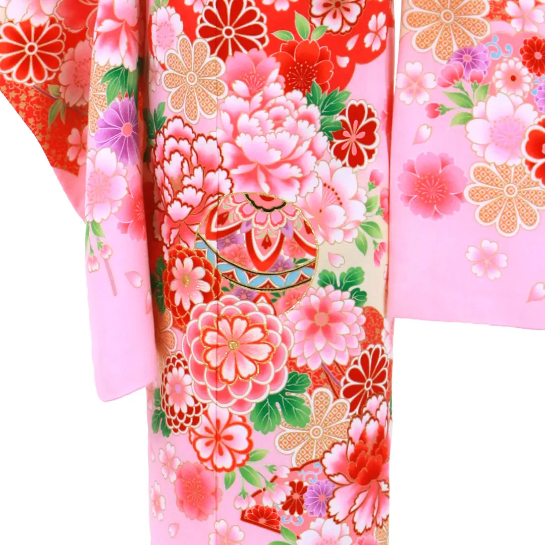ピンク地に牡丹と鞠、菊の着物／七五三・七歳女の子 | 宅配着物