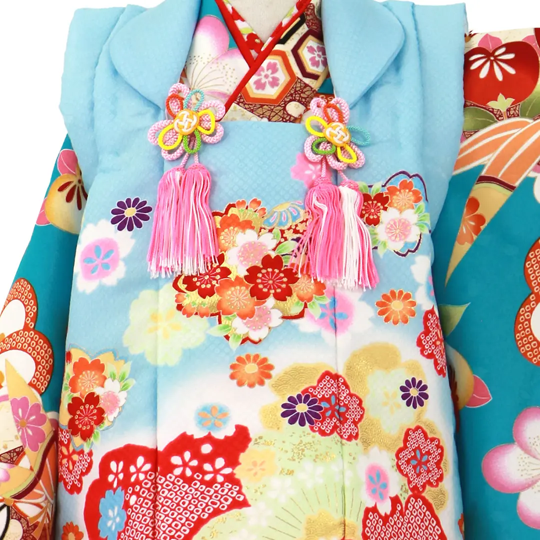 ターコイズブルーに四季花と七宝、水色の被布コートセット／七五三・三