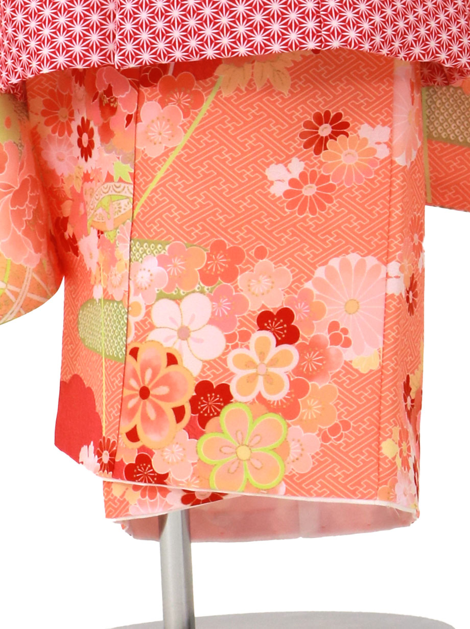 オレンジに疋田のエ霞、赤の被布コートセット／七五三・三歳女の子