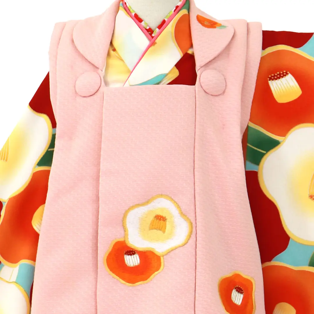 水色地に赤やオレンジの椿、ピンクの被布コートセット／七五三・三歳