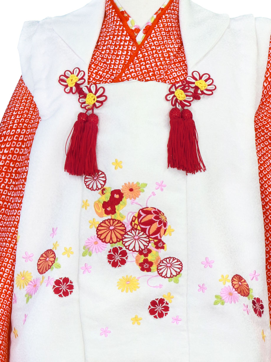 赤地に総疋田柄、白の被布コートセット／七五三・三歳女の子 | 宅配