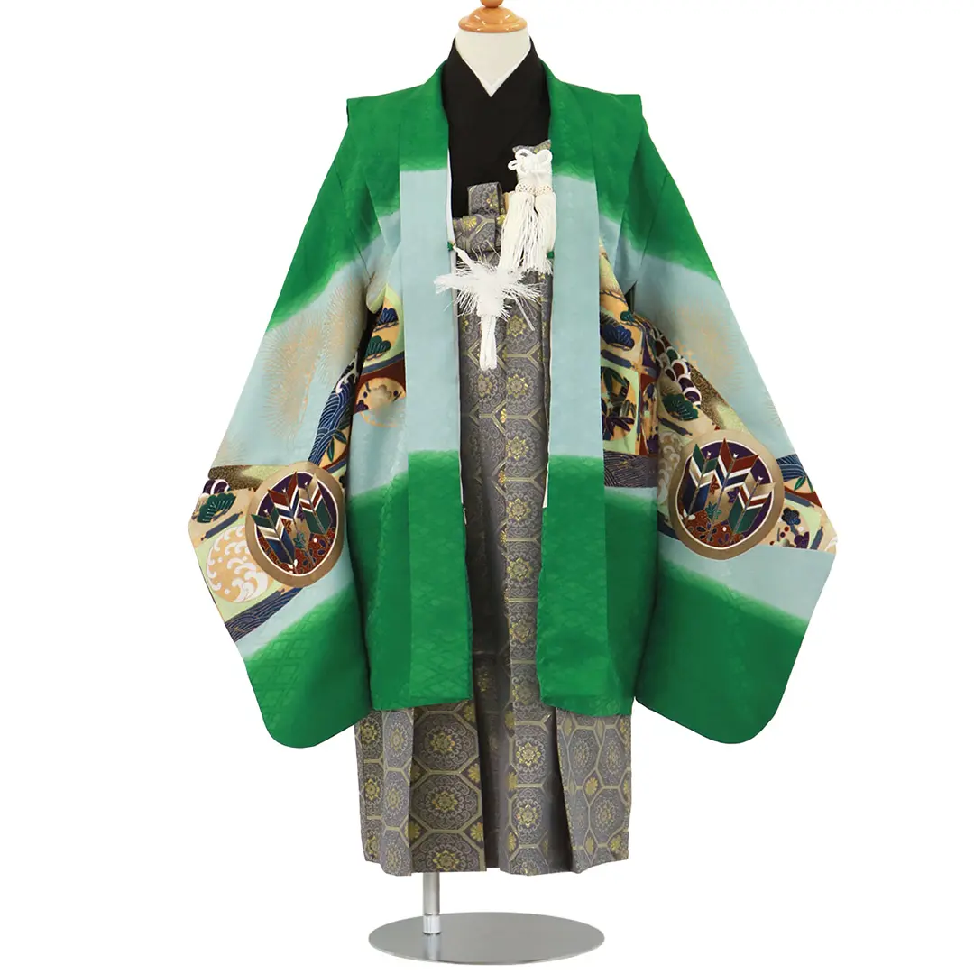 緑地に鷹と軍配柄、藍鼠の袴／七五三・五歳男の子・袴 | 宅配着物