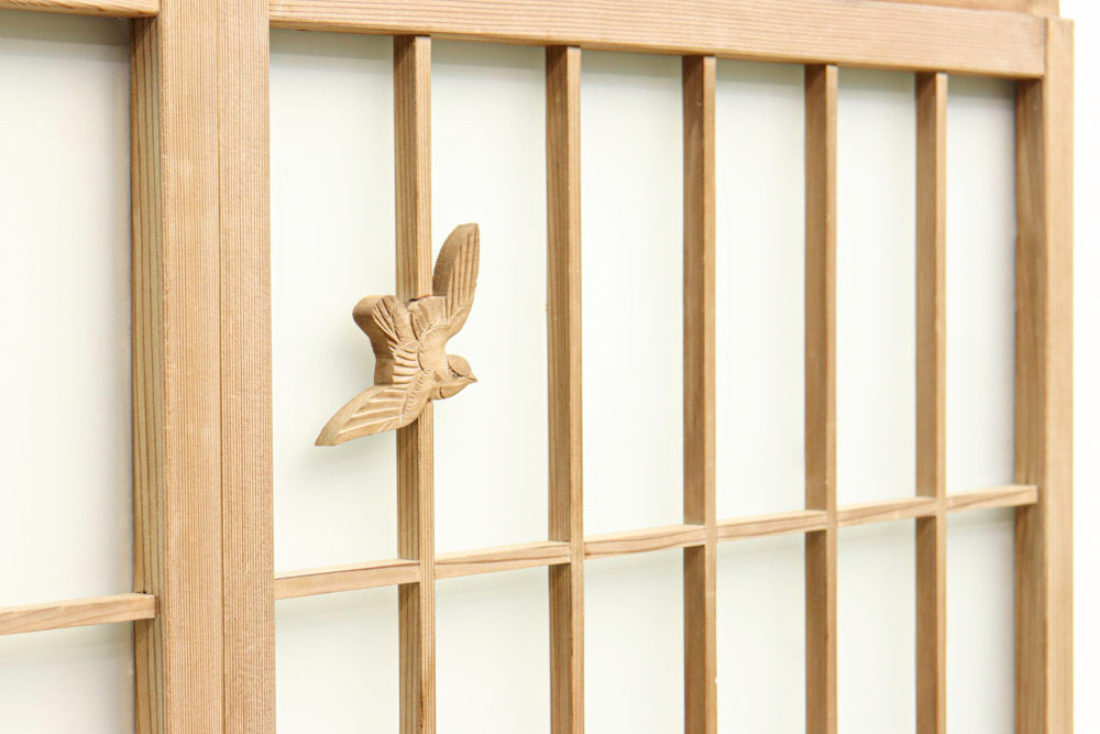 竹雀を描いた風流なスリガラス入り欄間・書院セット EZ1228 在庫3枚1組