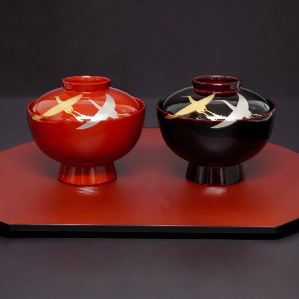 越前 千羽鶴雑煮椀 溜 – 漆器 高翆