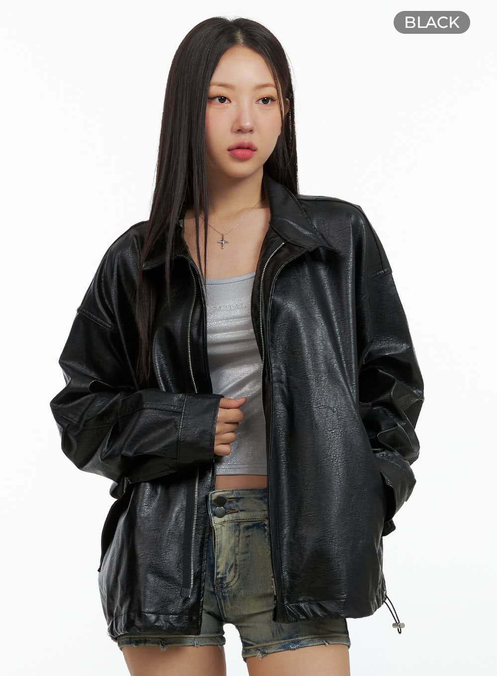 Oversize Zip-Up Faux Leather Jacket OL408 - Korean Women's Fashion
