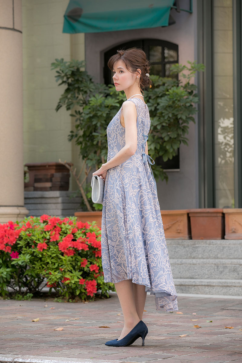 スモーキーブルー×ピンクの花柄レースドレス | Dorry doll | S～M