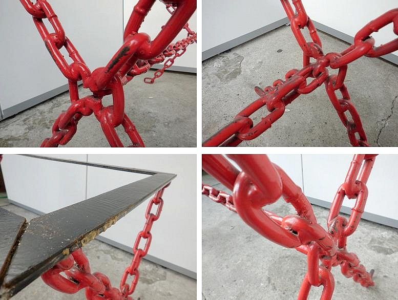 ブログ限定10 チェーン脚 ガラステーブル アンティーク 赤 黒