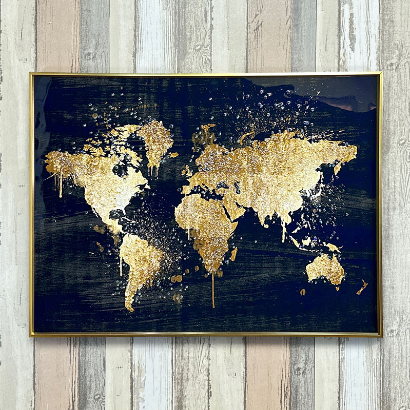 水晶パネル アートパネル 60×80cm 世界地図 金フレーム付き クリスタル