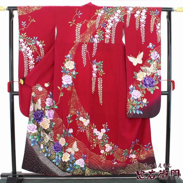 中古】 振袖 リサイクル着物 長襦袢セット レディース 正絹 ワイン