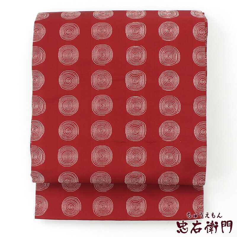 中古】名古屋帯 龍村美術織物 正絹 仕立て上がり レッド 渦巻き 長さ