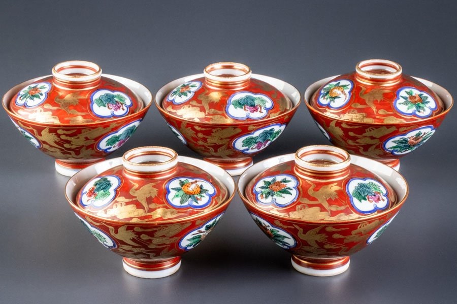 九谷焼】 九谷峰仙 赤絵金彩雲鶴柘榴文蓋茶碗 5客 16787 | すべての