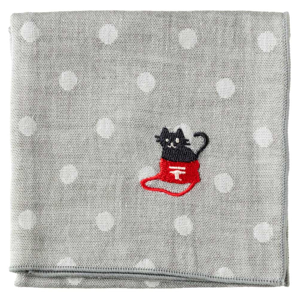 スーベニール にゃんこハンカチ 黒猫・グレー（ドット模様） 刺繍入り