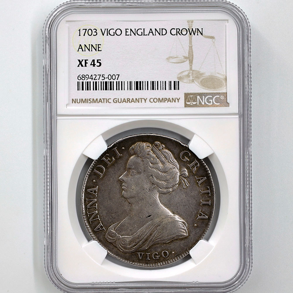 委託販売 1703 英国 アン女王 VIGO 1クラウン 銀貨 NGC XF 45 美品