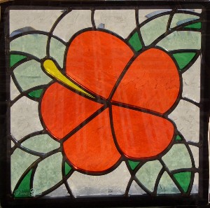 ステンドグラス (SH-E09) 300×300×18mm ハイビスカス ピュアグラス E