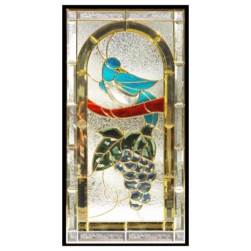 ステンドグラス (SH-A42) 一部鏡面ガラス 913×480×18mm 鳥 葡萄 ブドウ