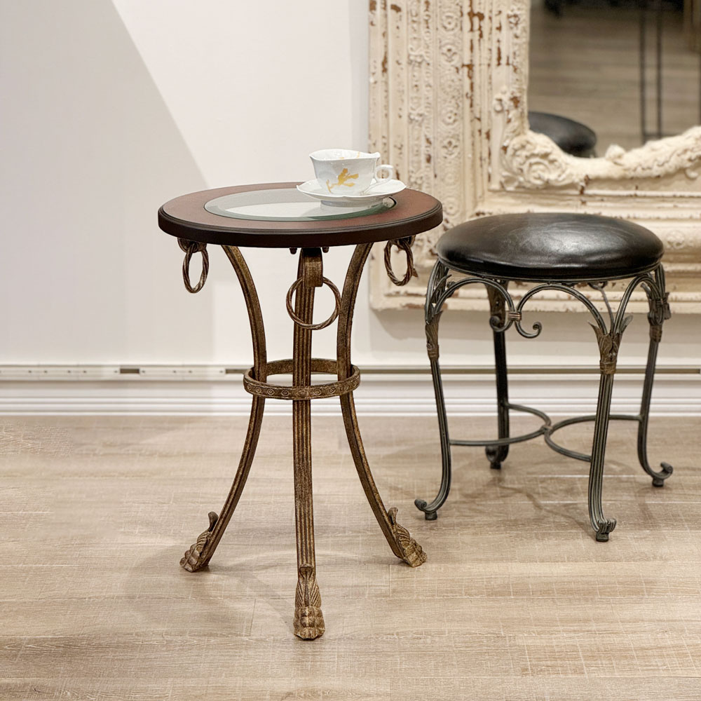 アンティークサイドテーブル ガラスウッド天板 アイアンフレーム