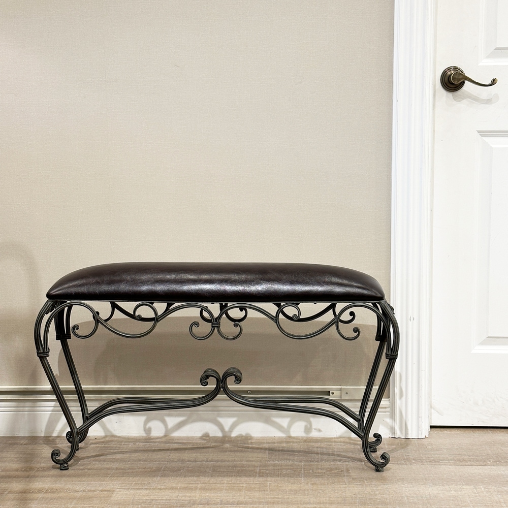 クラシカル玄関スツール アイアン×ブラウン合皮 | 家具,チェア