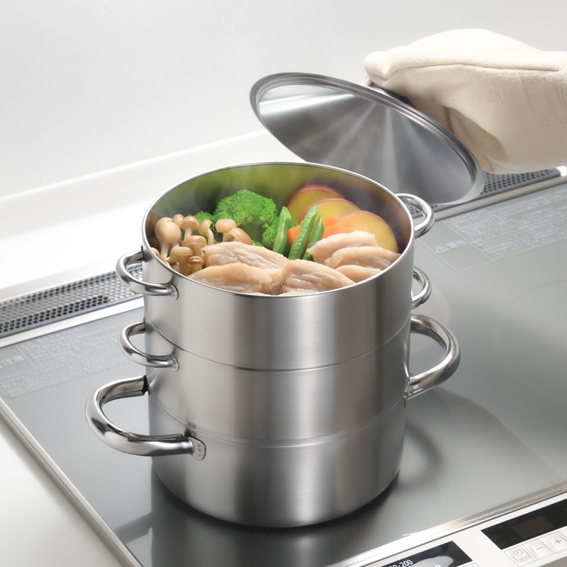 燕三 IH対応ステンレス三段蒸し鍋18cm