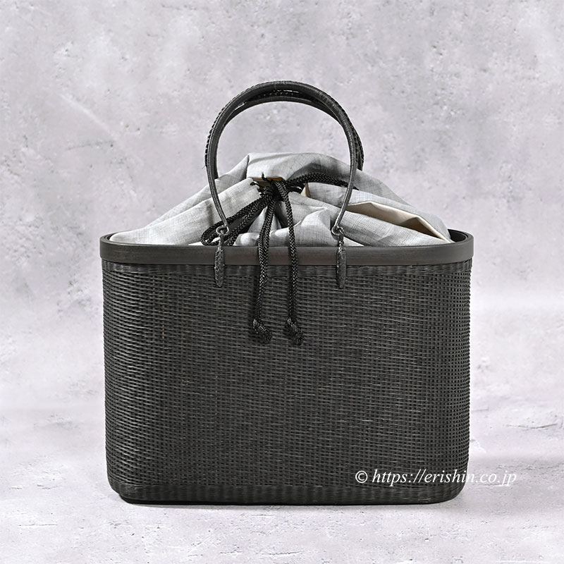竹籠バッグ（薄墨色麻巾着付き/黒檀色・深型）和小物さくら（KOMKRIT