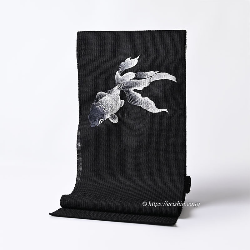 誉田屋源兵衛 刺繍九寸名古屋帯（金魚/黒地に白鼠・ワッフル紗）［夏