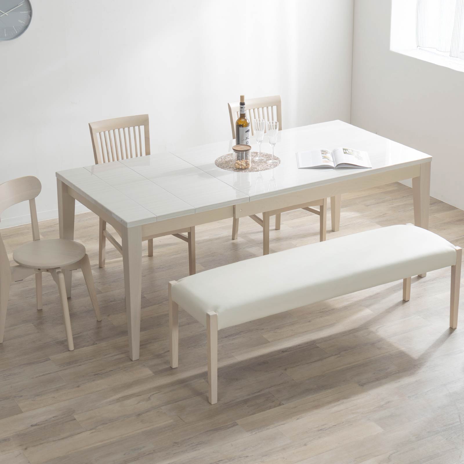 伸縮テーブル ダイニングテーブル ホワイト 天然木 AB 130 伸長式