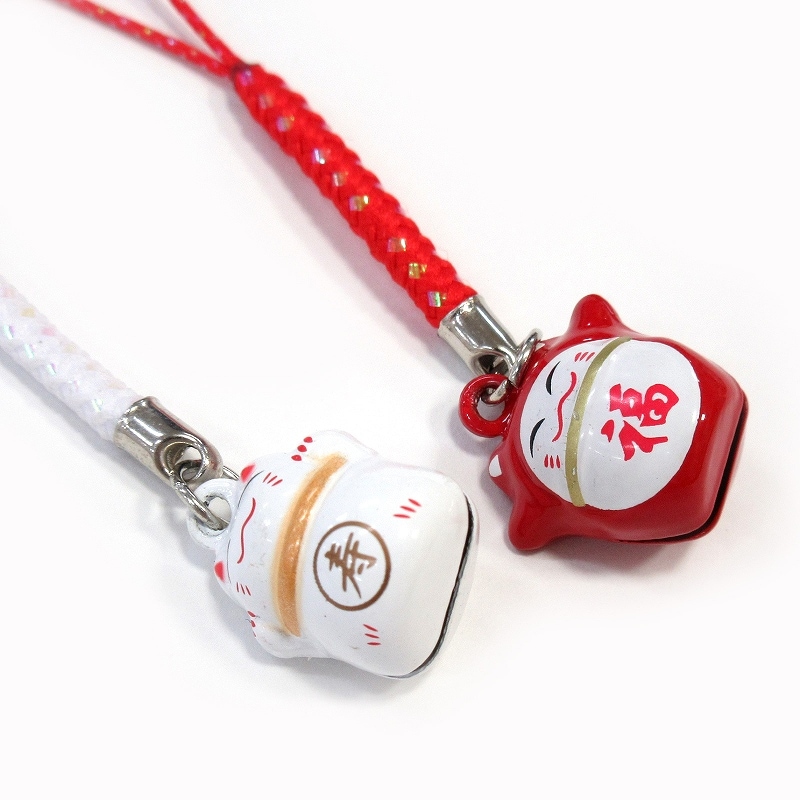 招福長寿 猫鈴ペアストラップ ホワイト/レッド No.604-969 | 世界の