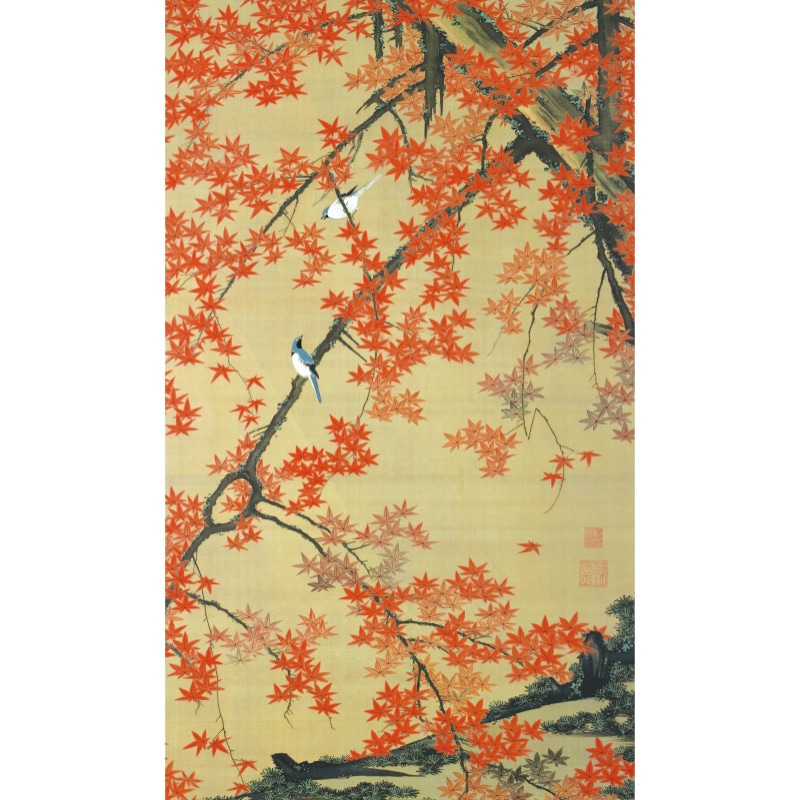 伊藤若冲 動植綵絵 紅葉小禽図 高級仕様 額 美術品 インテリア 作品
