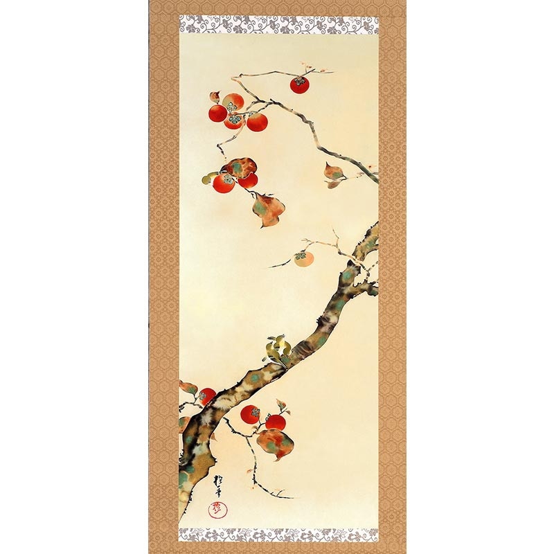 酒井抱一 「十二か月花鳥図」 十月 「柿に目白図」 複製掛軸 : 酒井抱