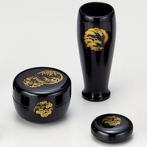 茶道具 茶箱】 茶箱道具三点セット(棗・香合・茶筅筒) 花丸 黒（木製