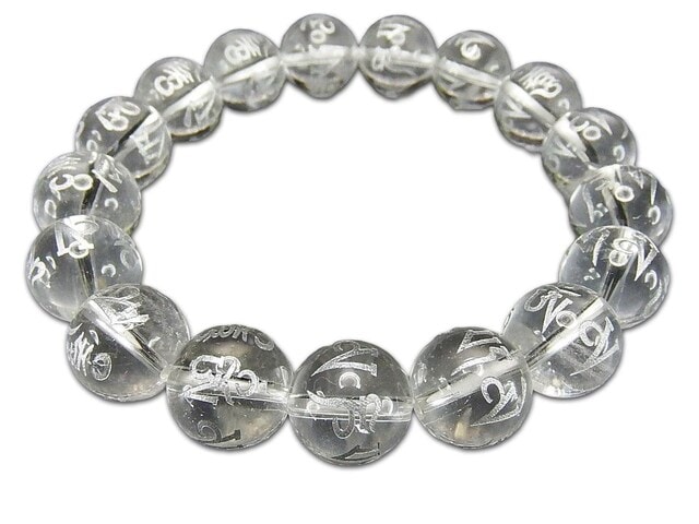 天然水晶六字真言 彫り銀文字約12mm強天然石ブレスレット数珠御守り