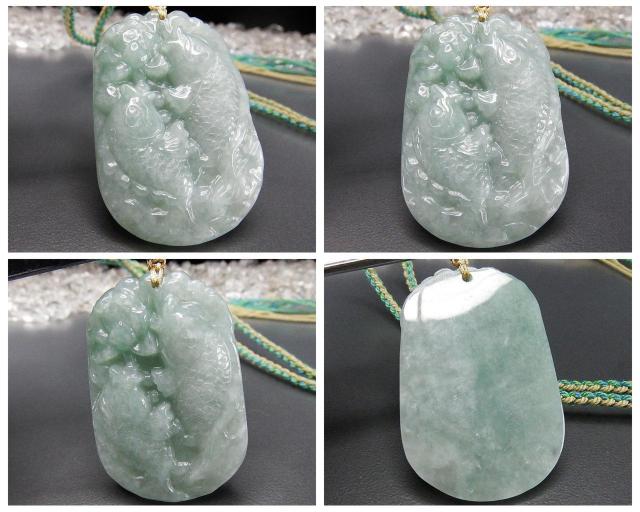 ひすいジェダイト鯉精工彫刻木綿紐ネックレス天然石ミャンマー産本翡翠