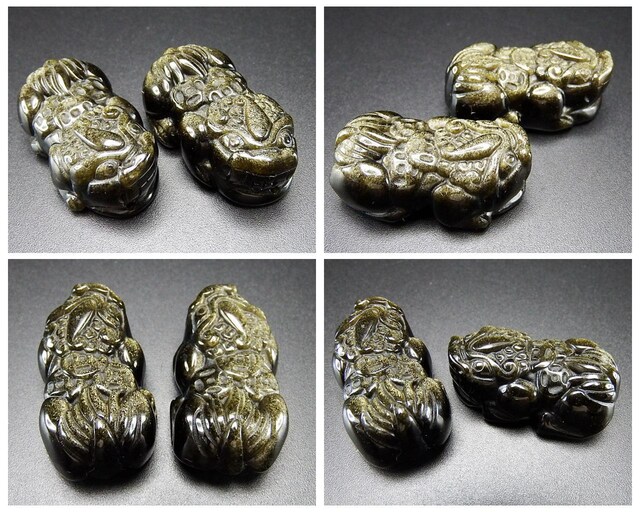 良質ゴールドオブシディアン天然石金銭3枚背負う中型ヒキュウ彫刻ペア