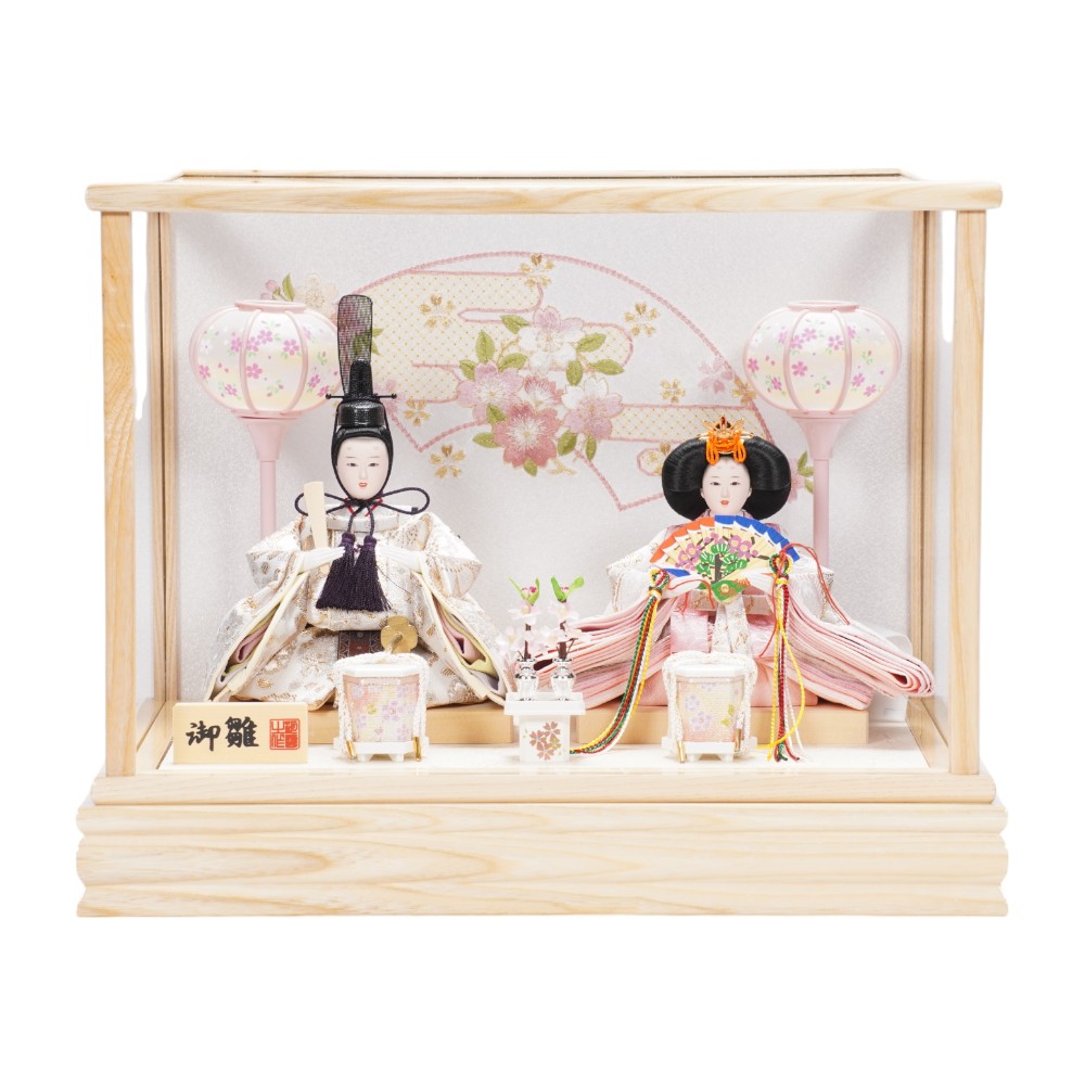 雛人形】小芥子 金襴(白) 白木 親王揃いガラスケース飾り | 河雲作