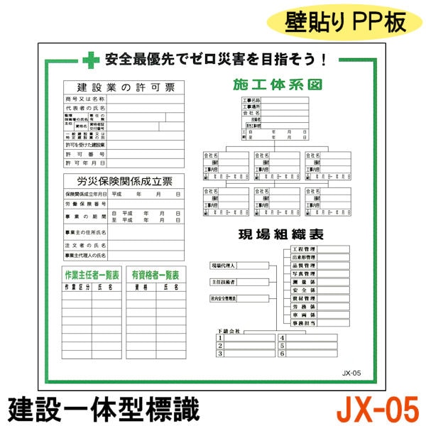 建設一体型標識 JX-05】【1枚】壁貼りタイプ PP製 建設業の許可票