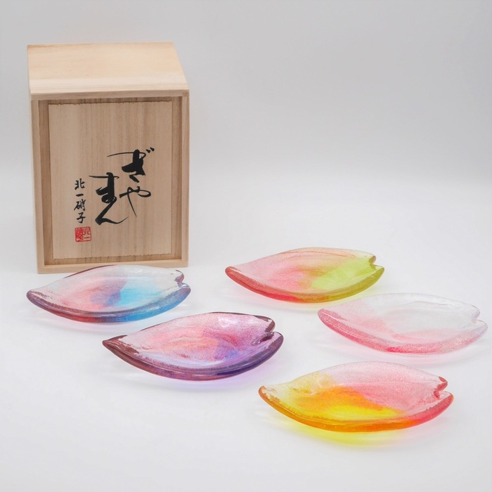 ☆花びら皿 クリア 5枚セット（木箱付） | 北一硝子 まごころお届け便