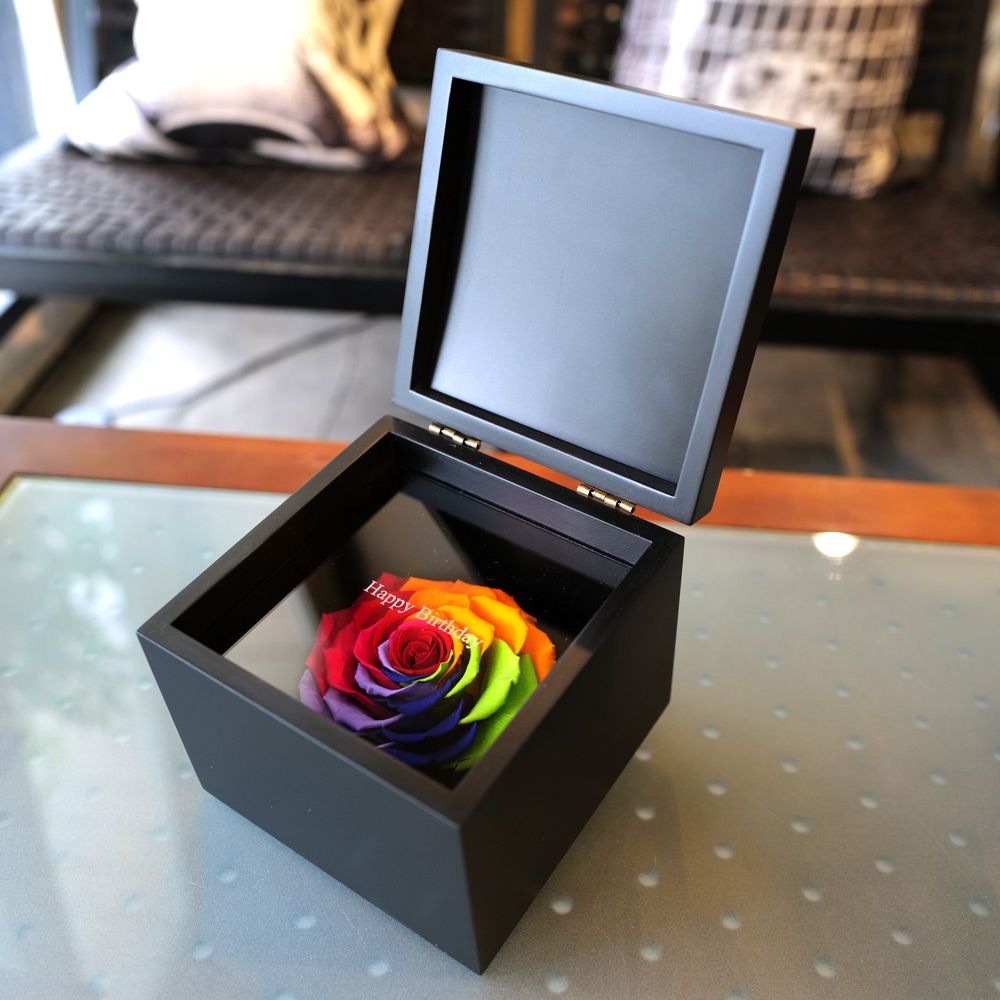 レインボーローズ1輪 プリザーブドフラワー BLACK CUBE BOX