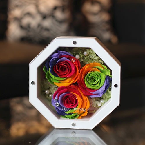 レインボーローズ プリザーブドフラワー 8角BOX | プリザーブド