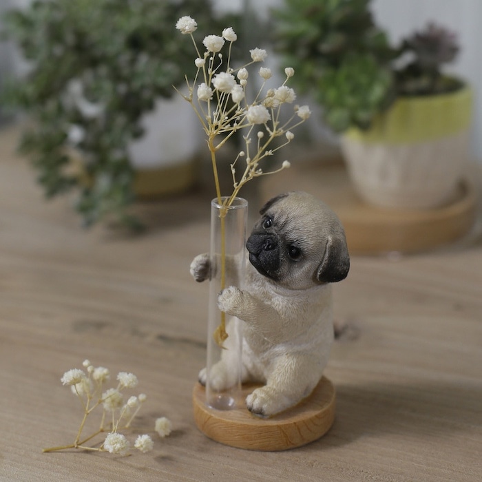 犬の一輪挿しと花模様皿付きセット ※一点物 犬の一輪挿しと花模様皿