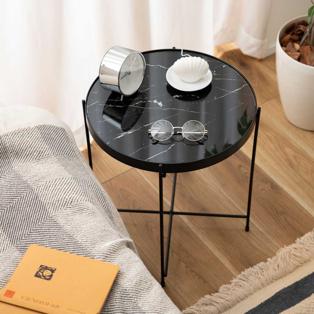 石目調×ブラックスチールのサイドテーブル｜シックでモダンな