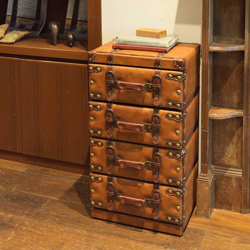 トランク風4段チェスト｜レザー調×ヴィンテージ収納 | インテリア