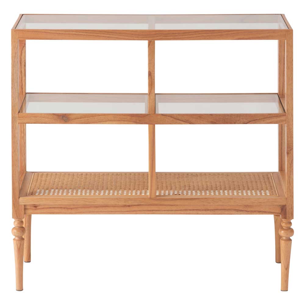 天然木×ラタンのオープンシェルフ｜ガラス天板＆クラシカルなデザイン