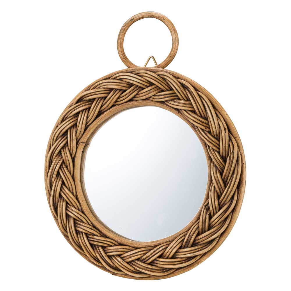 ラタンのウォールミラー｜丸型のヴィンテージ風鏡です｜ボヘミアンや