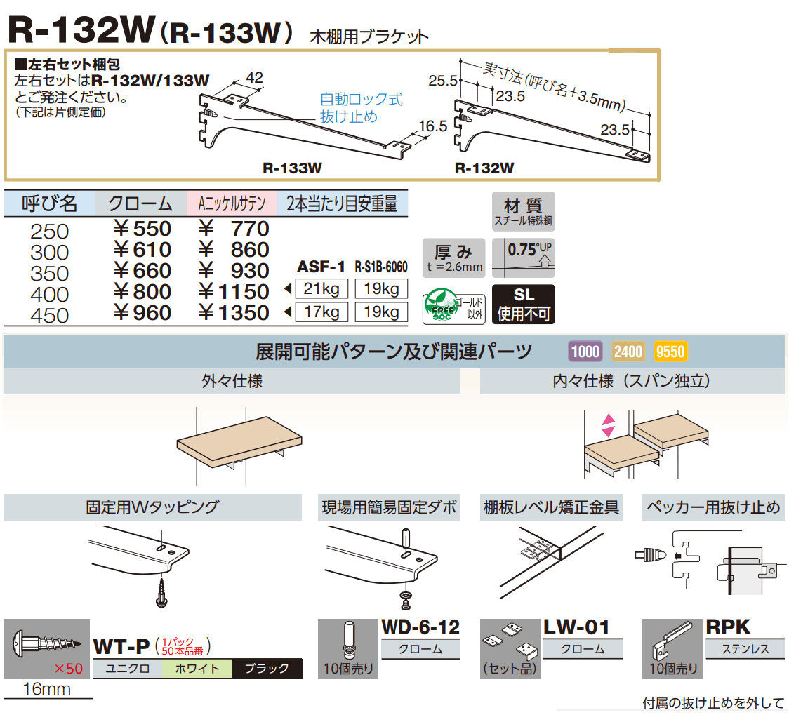 ロイヤル(AAシリーズ)] R-132W(R-133W) 木棚用ブラケットRタイプ ※左右