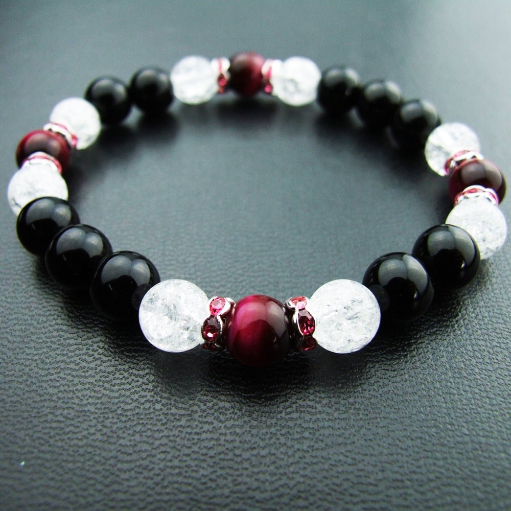 金運AAAピンクタイガーアイ オニキス ローズクォーツ ペアブレスレット