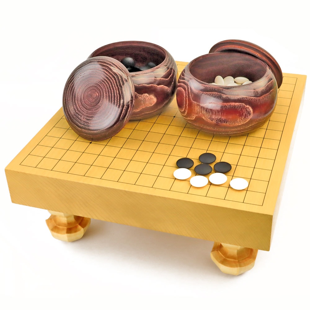 連珠セット 新かや2寸一枚板足付連珠盤セット(蛤碁石25号・木製碁笥栗