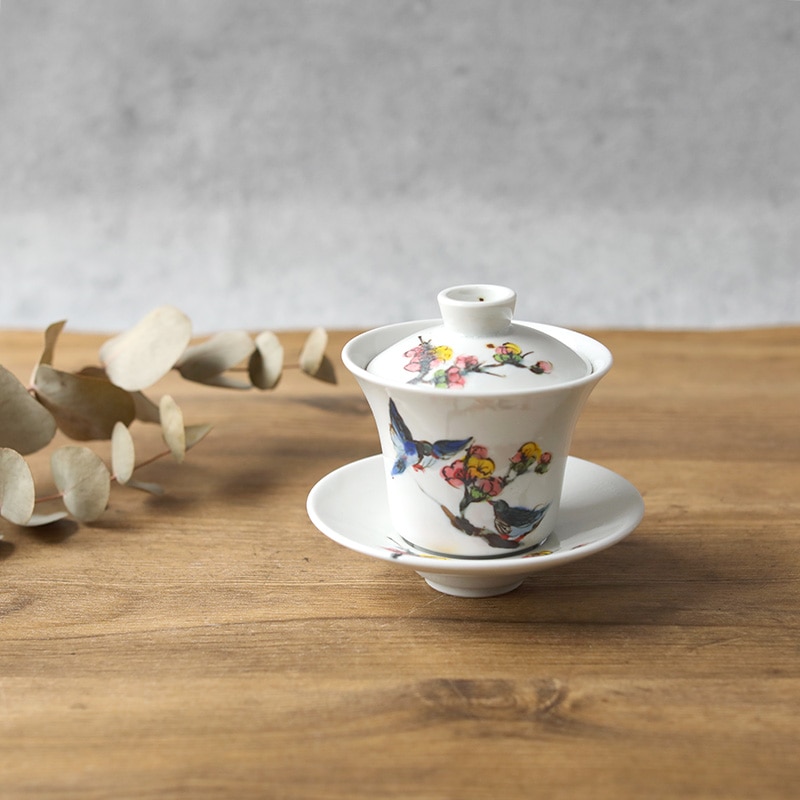 松本郁美｜灰釉色絵掻き落とし蓋碗 梅と鳥 | 趣佳[syuca.jp