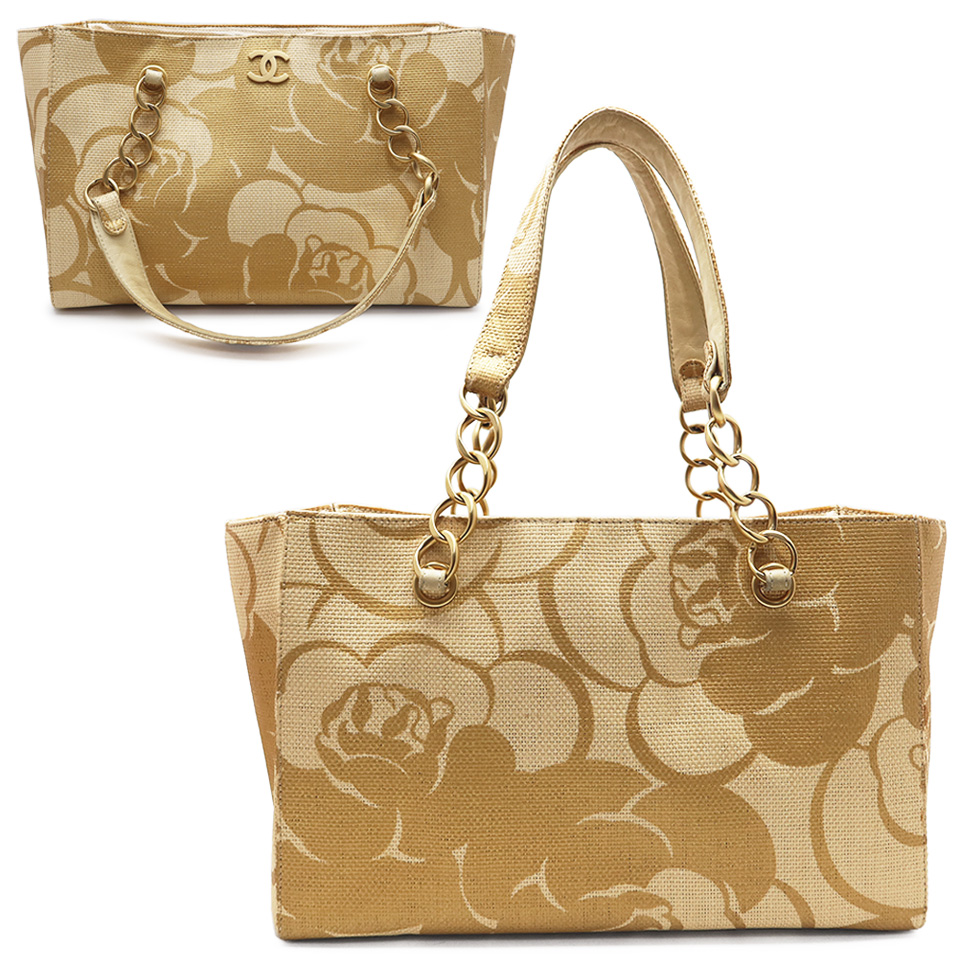 シャネル カメリア チェーントートバッグ ポーチ付き ストロー