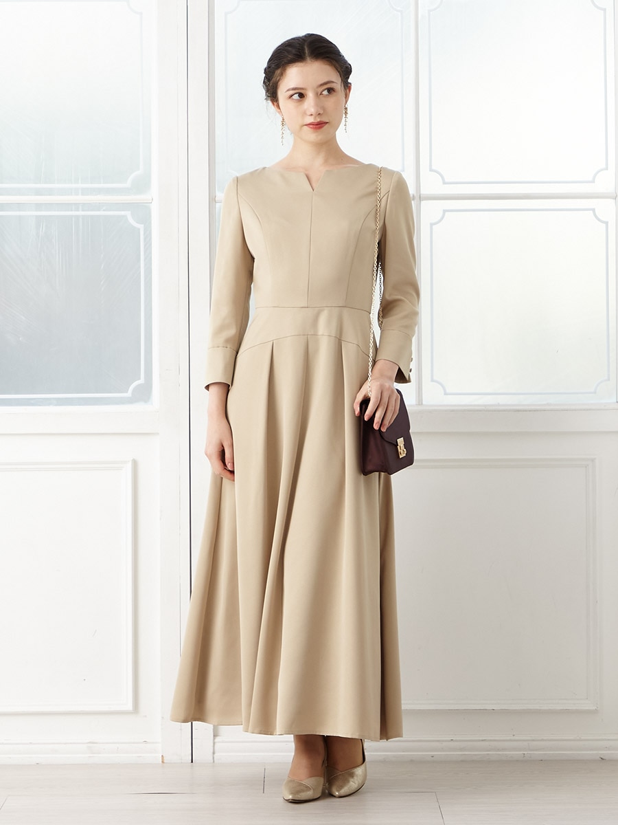 キーネック袖付きサテンフレアドレス(M ベージュ): AIMER | エメ