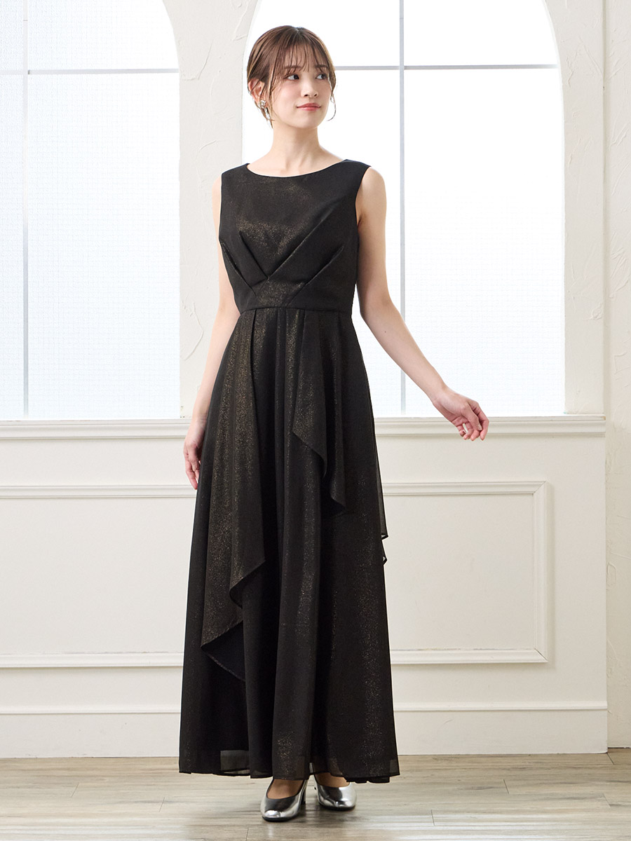 ラメジョーゼットラッフルデザインアンクル丈ドレス(M ブラック