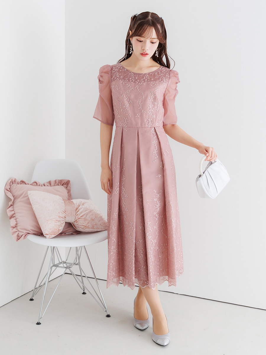 スパンコール小花刺繍フィット＆フレアドレス(S ブラック): AIMER